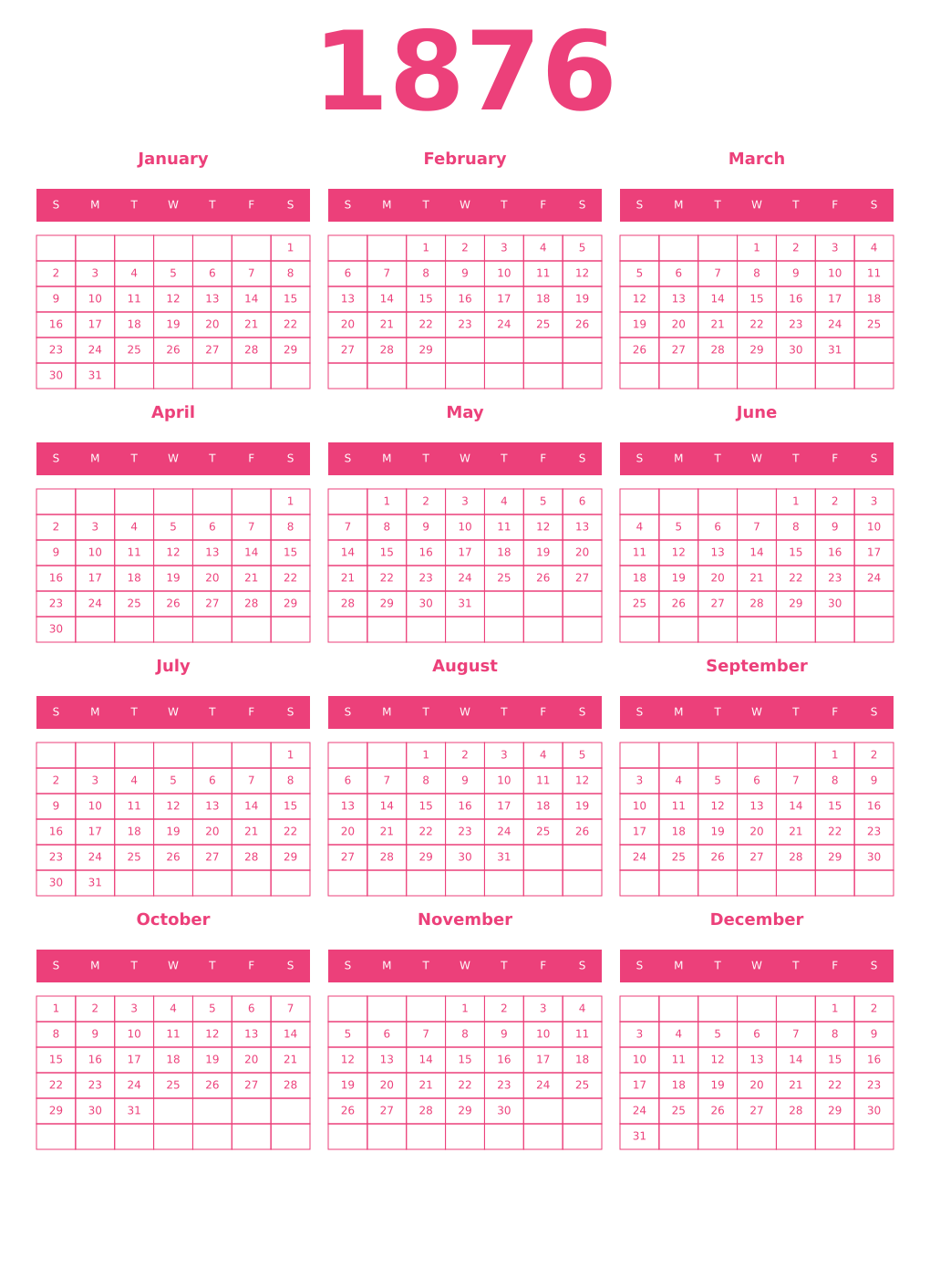 Printable 1876 Year Calendars pink