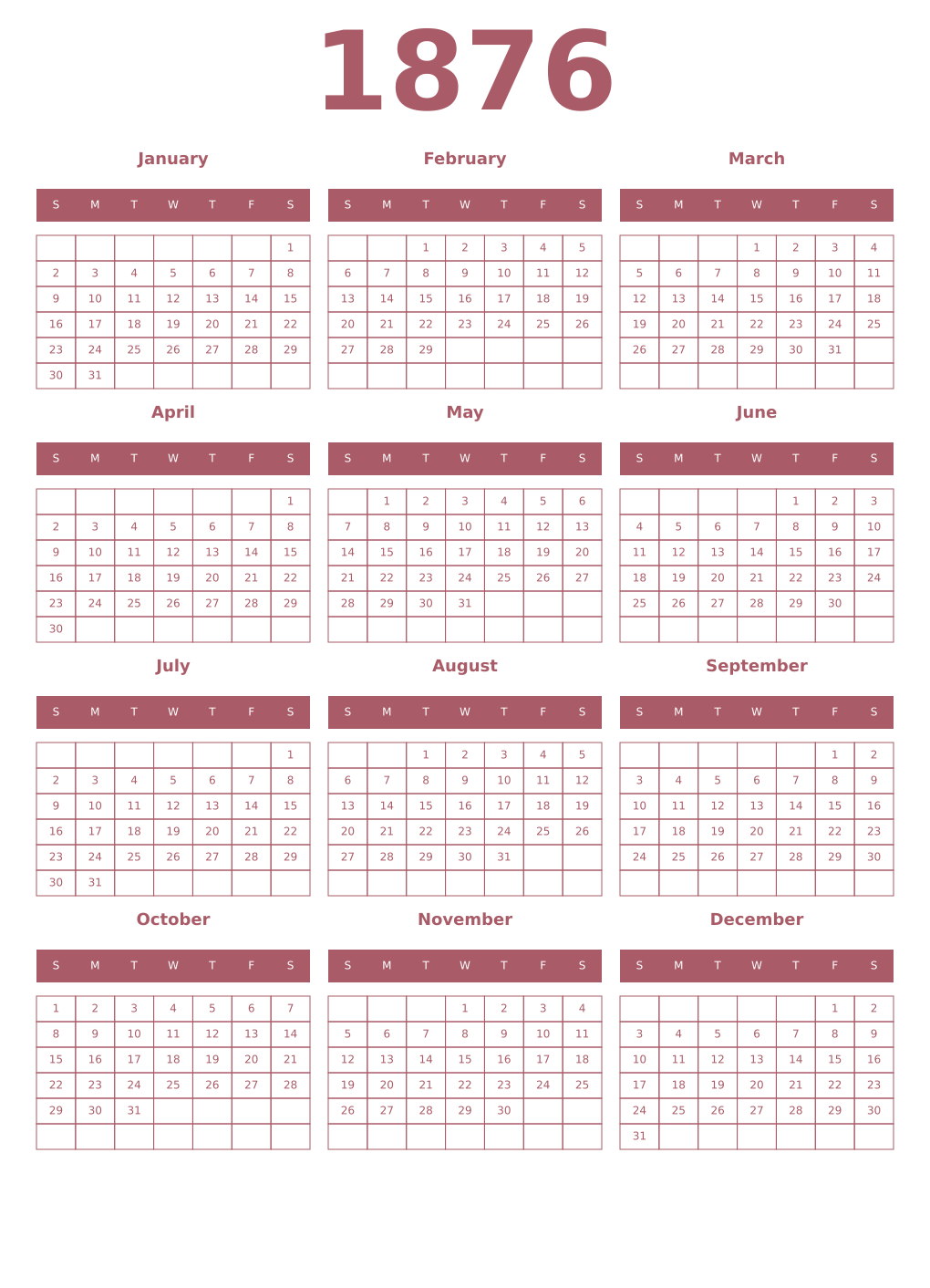 Printable 1876 Year Calendars puce