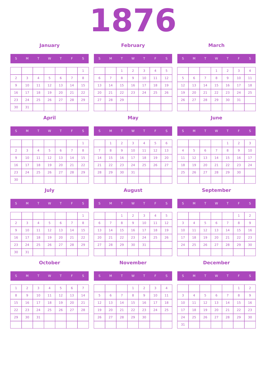 Printable 1876 Year Calendars purple