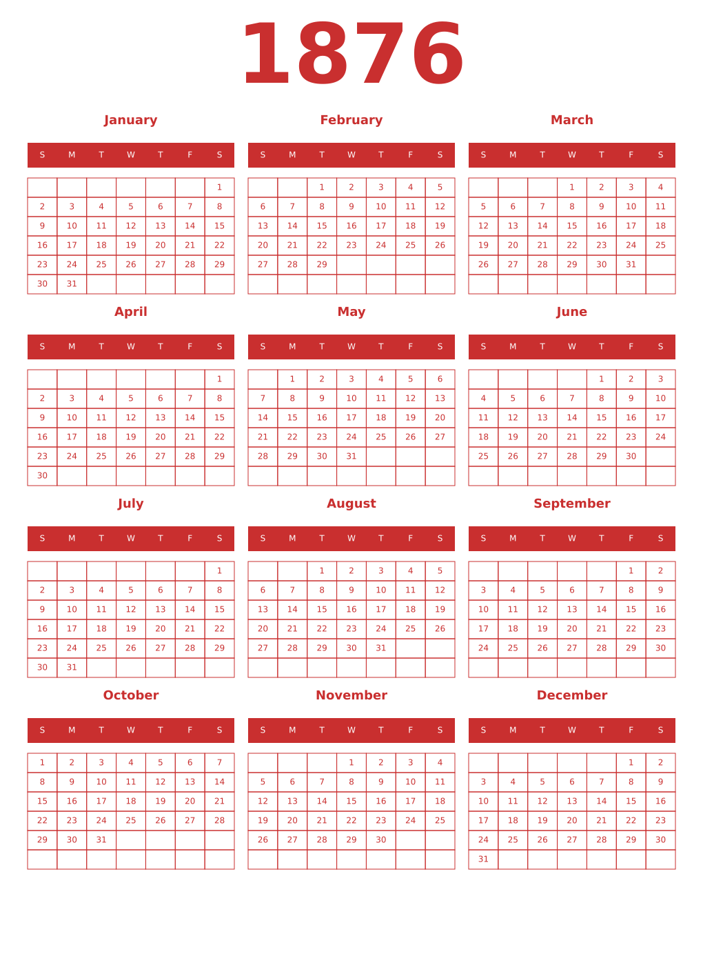 Printable 1876 Year Calendars red