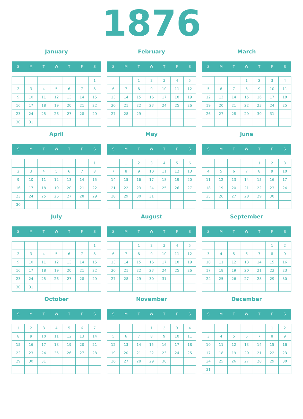 Printable 1876 Year Calendars verdigris