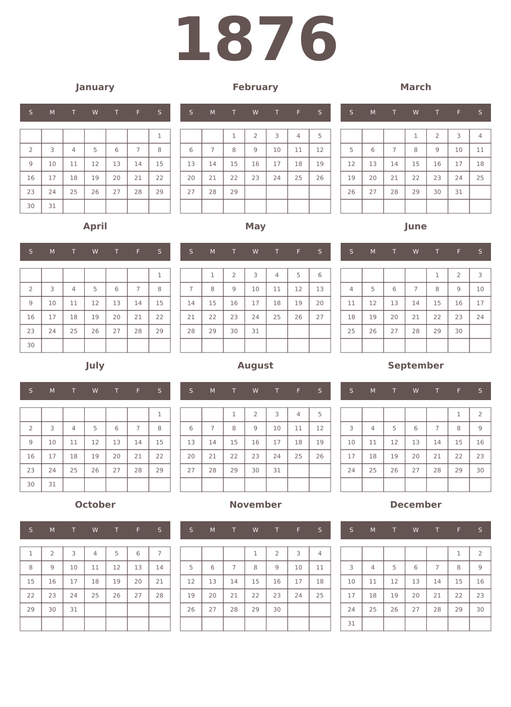 Printable 1876 Year Calendars wenge
