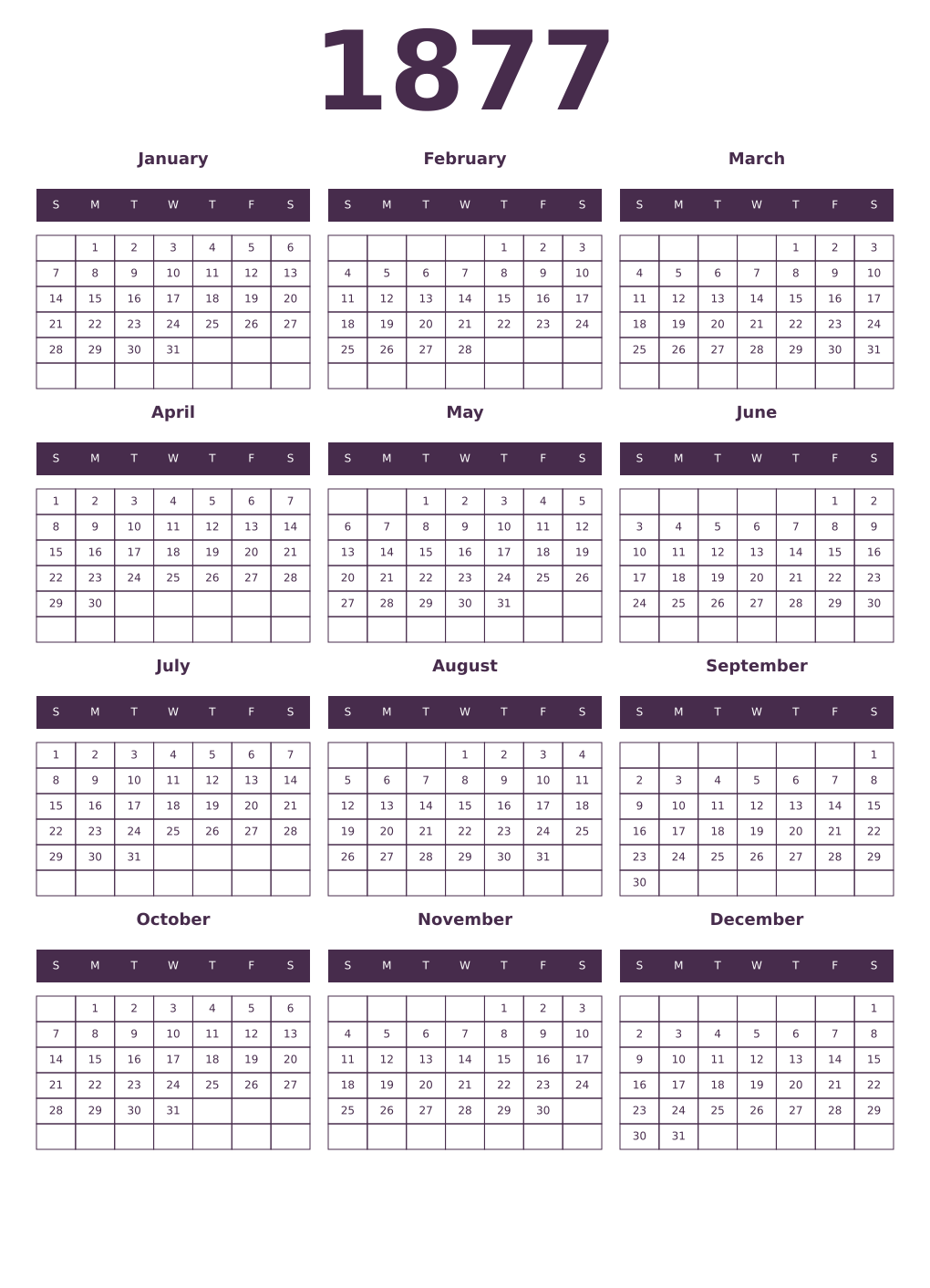Printable 1877 Year Calendars aubergine