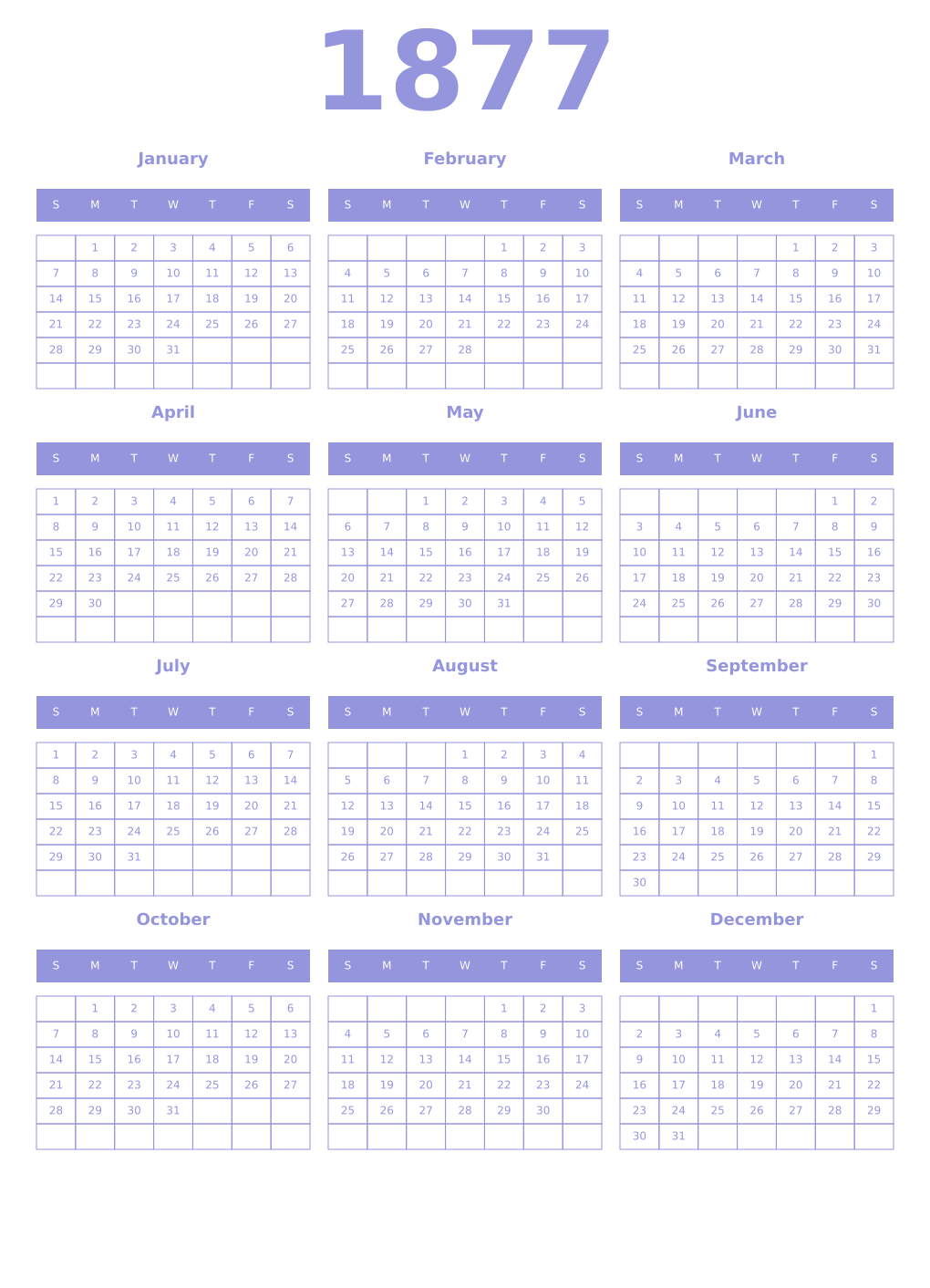 Printable 1877 Year Calendars periwinkle