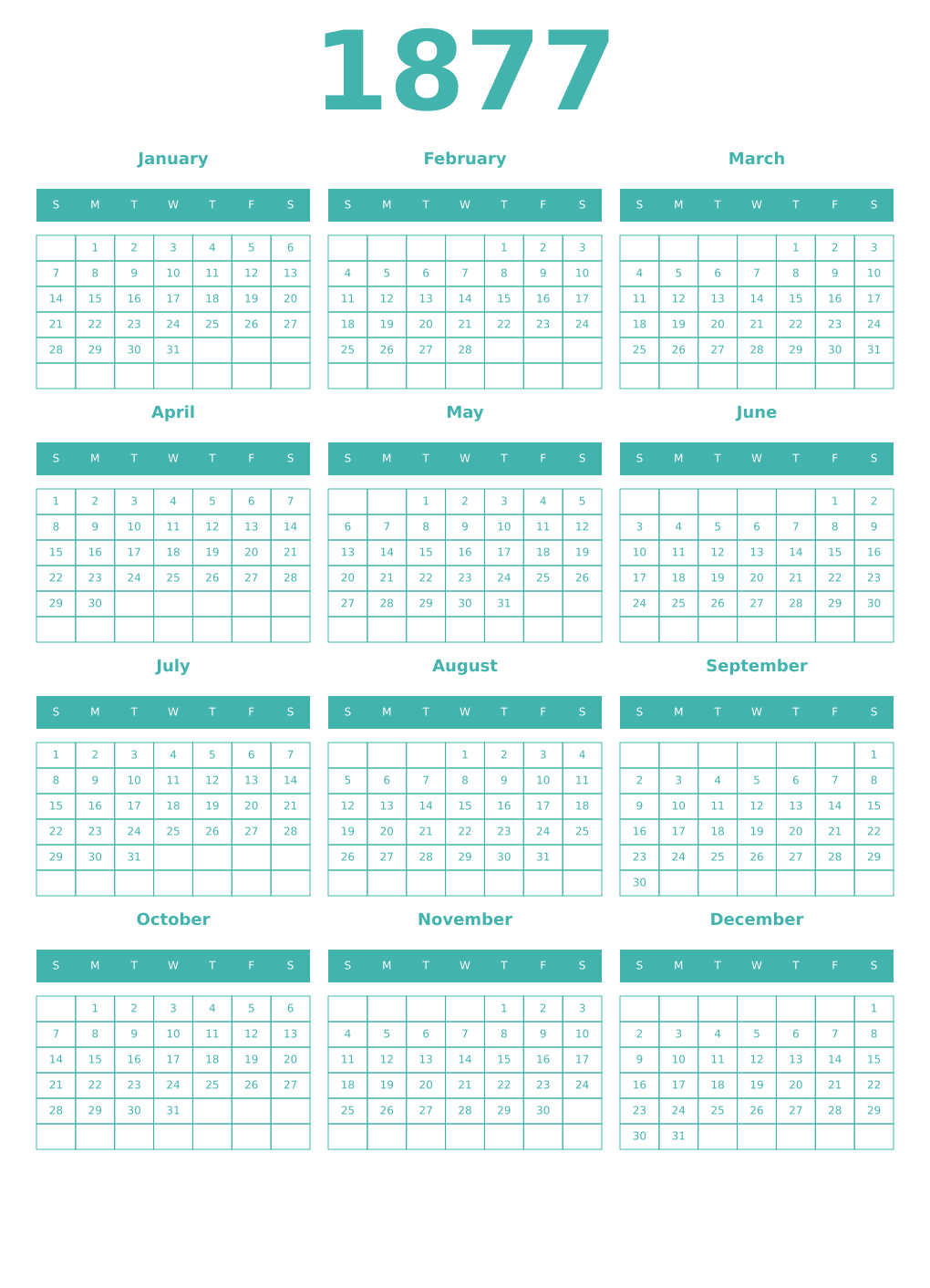 Printable 1877 Year Calendars verdigris