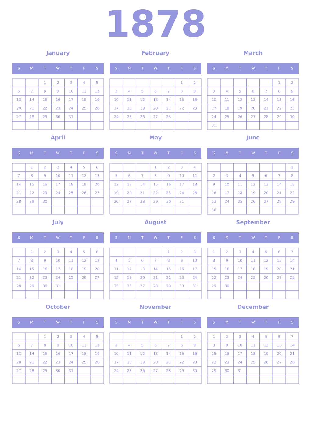 Printable 1878 Year Calendars periwinkle
