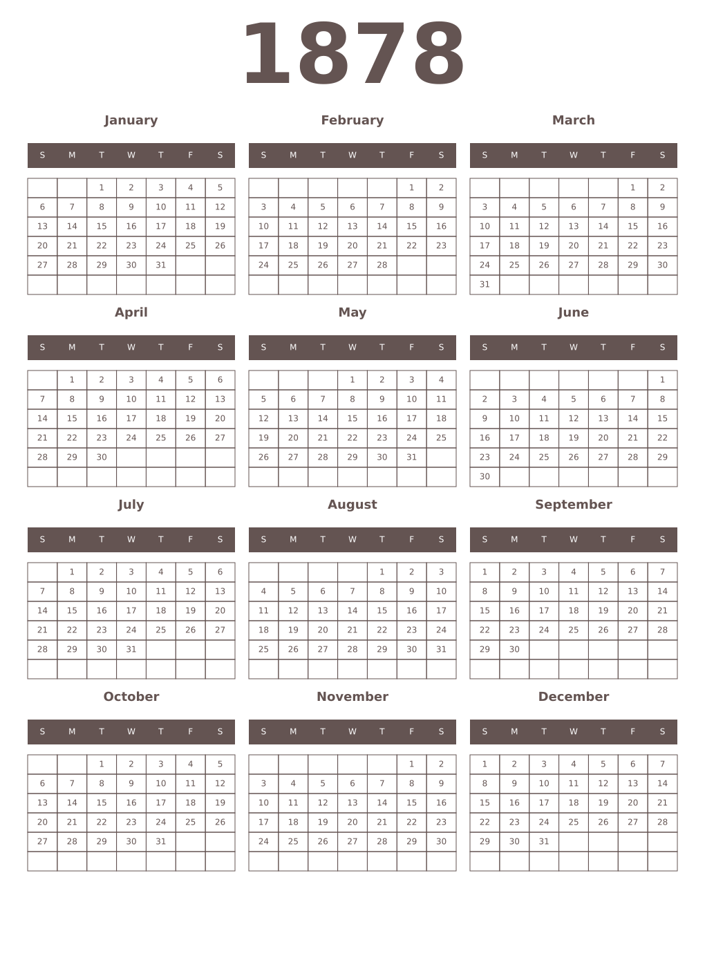 Printable 1878 Year Calendars wenge