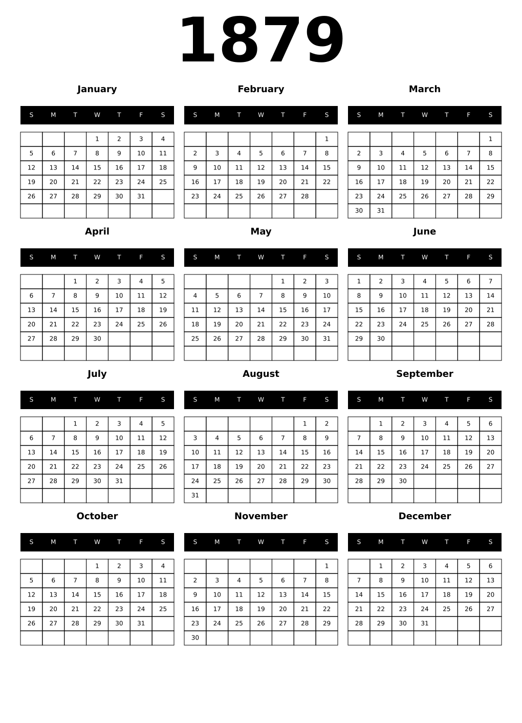 Printable 1879 Calendars