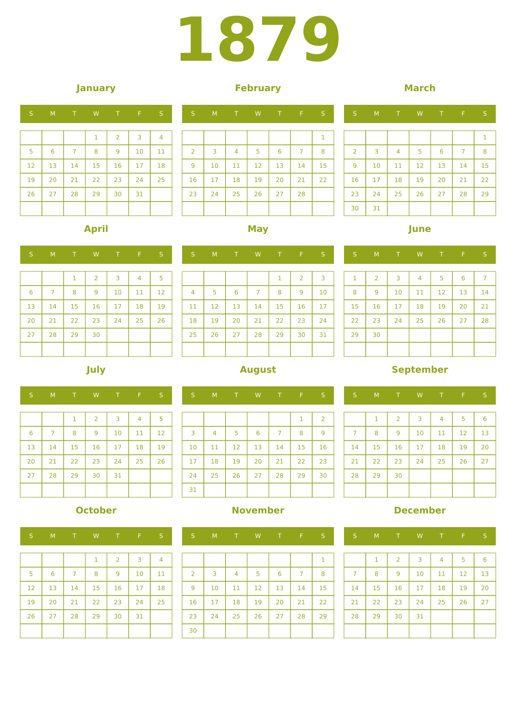 Printable 1879 Year Calendars chartreuse