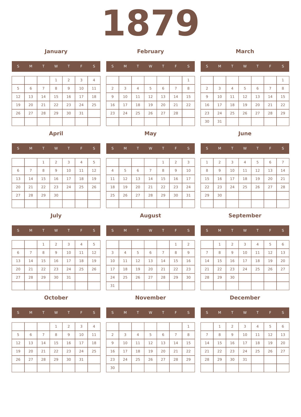 Printable 1879 Year Calendars coffe