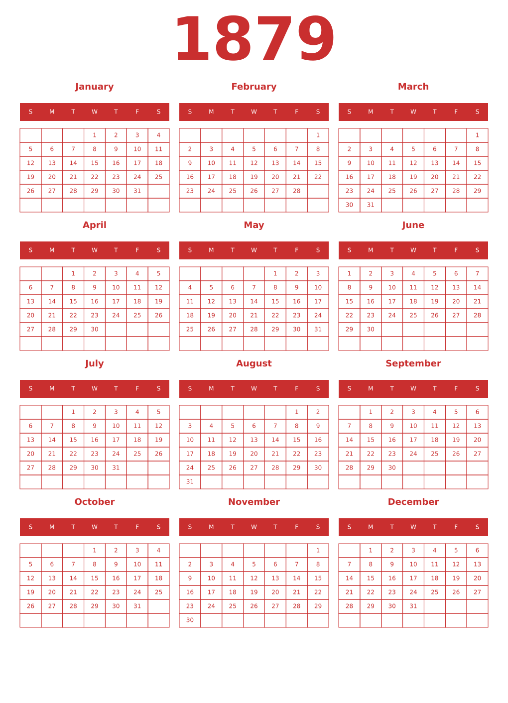 Printable 1879 Year Calendars red