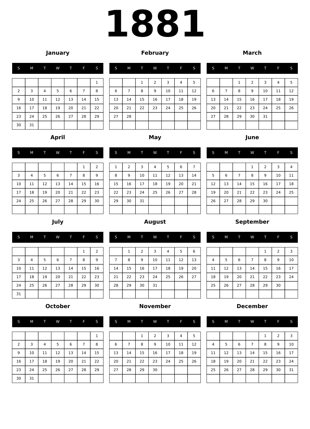 Printable 1881 Calendars