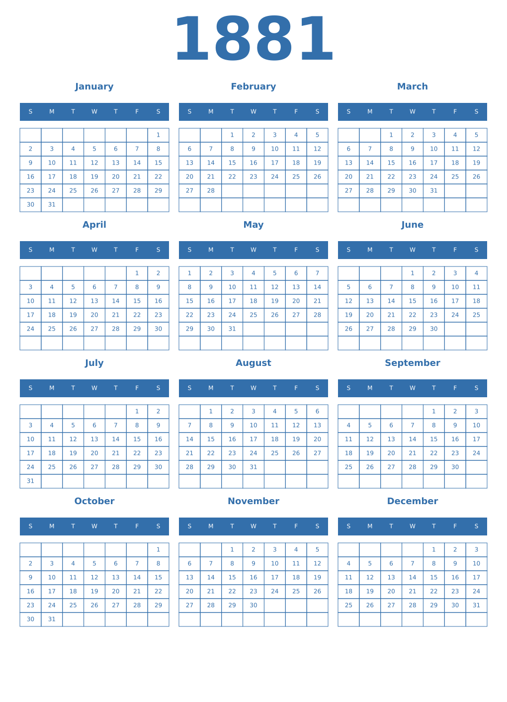 Printable 1881 Year Calendars blue