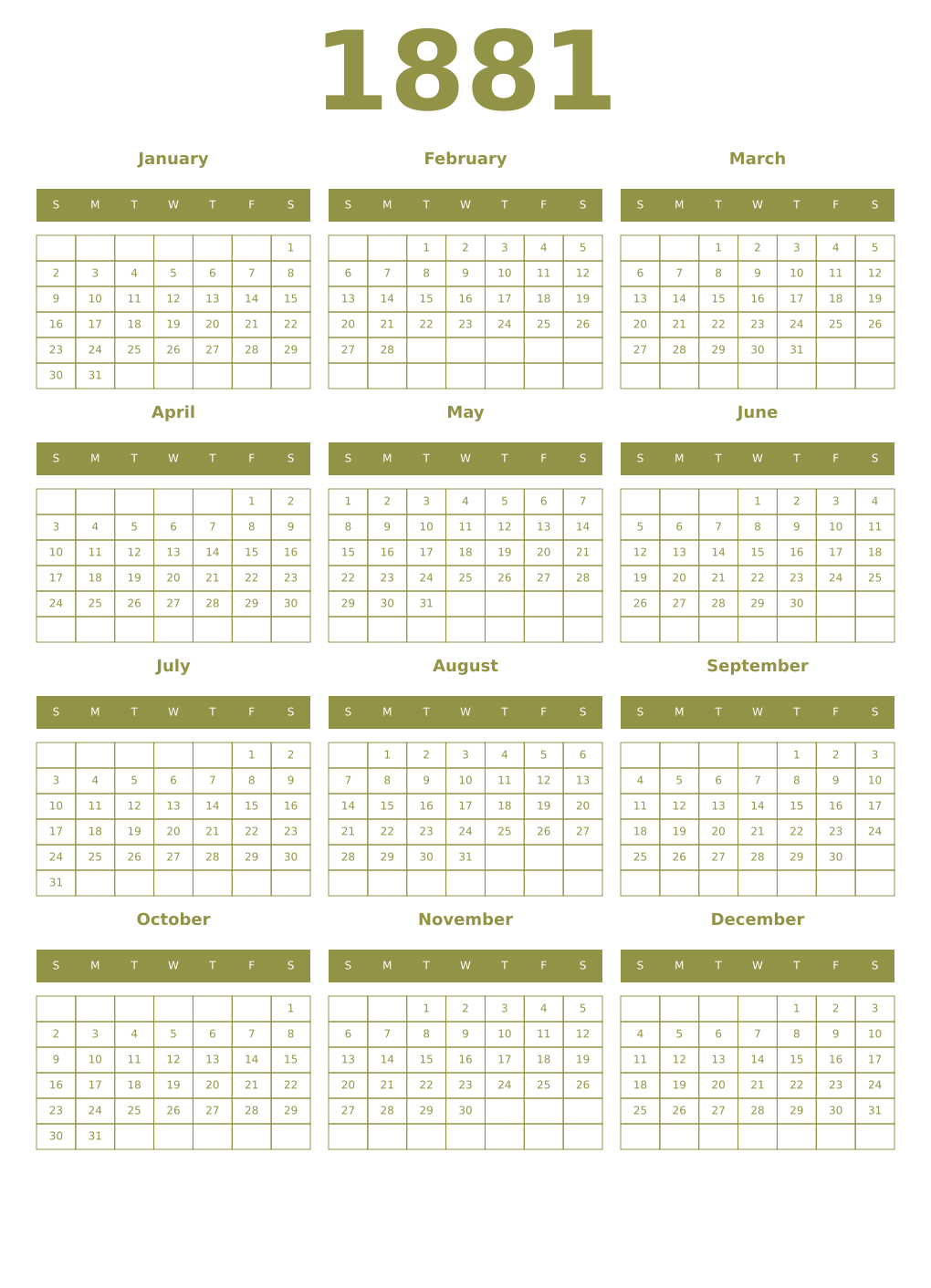 Printable 1881 Year Calendars eburnean