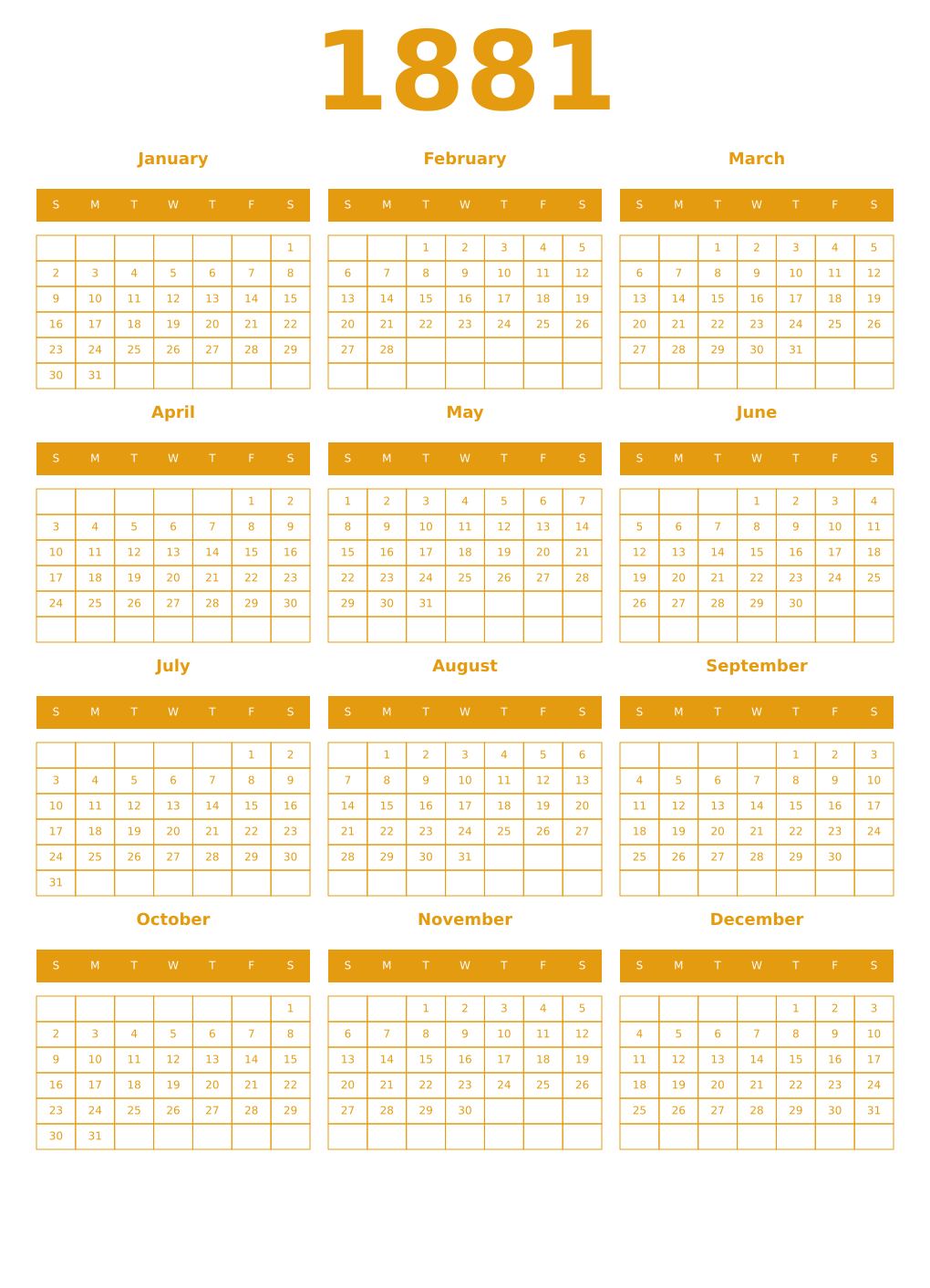 Printable 1881 Year Calendars gamboge