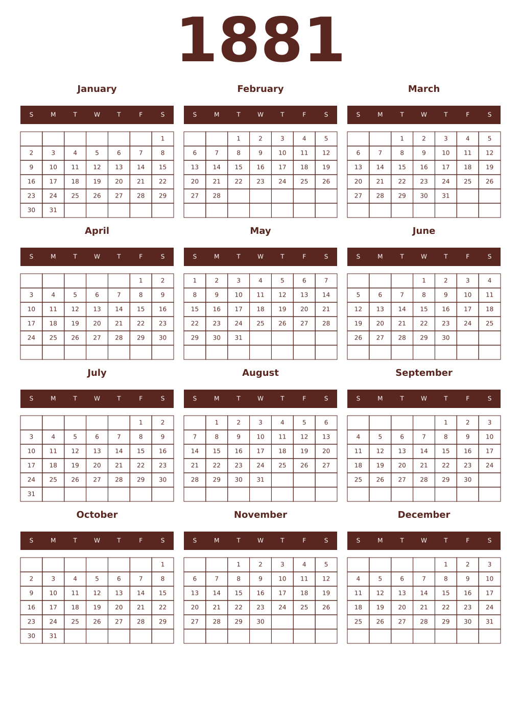 Printable 1881 Year Calendars mortuum