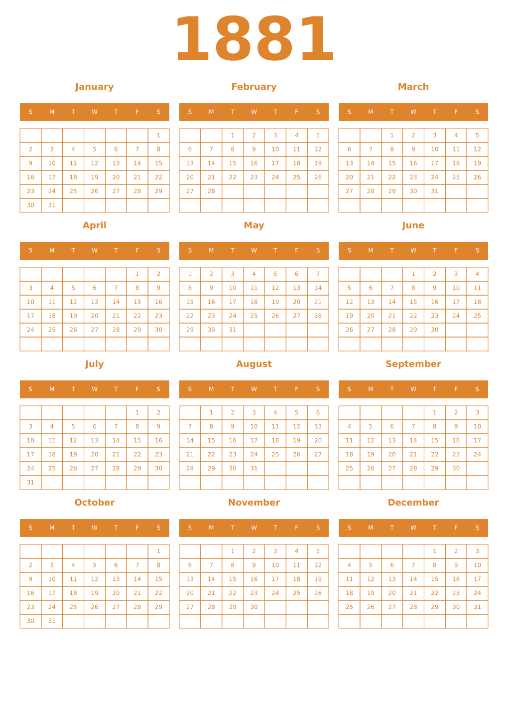Printable 1881 Year Calendars orange
