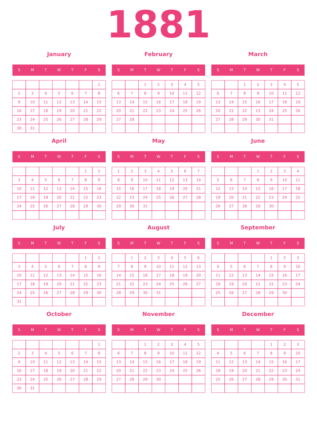 Printable 1881 Year Calendars pink