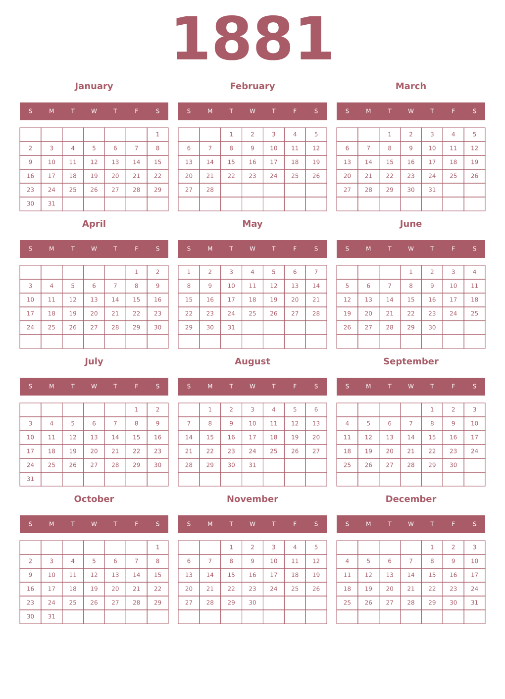 Printable 1881 Year Calendars puce