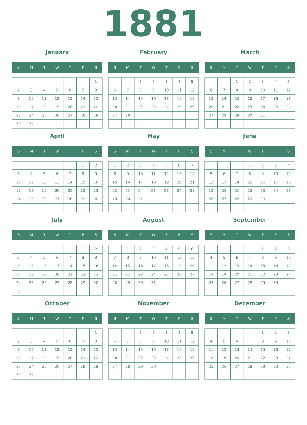 Printable 1881 Year Calendars viridian