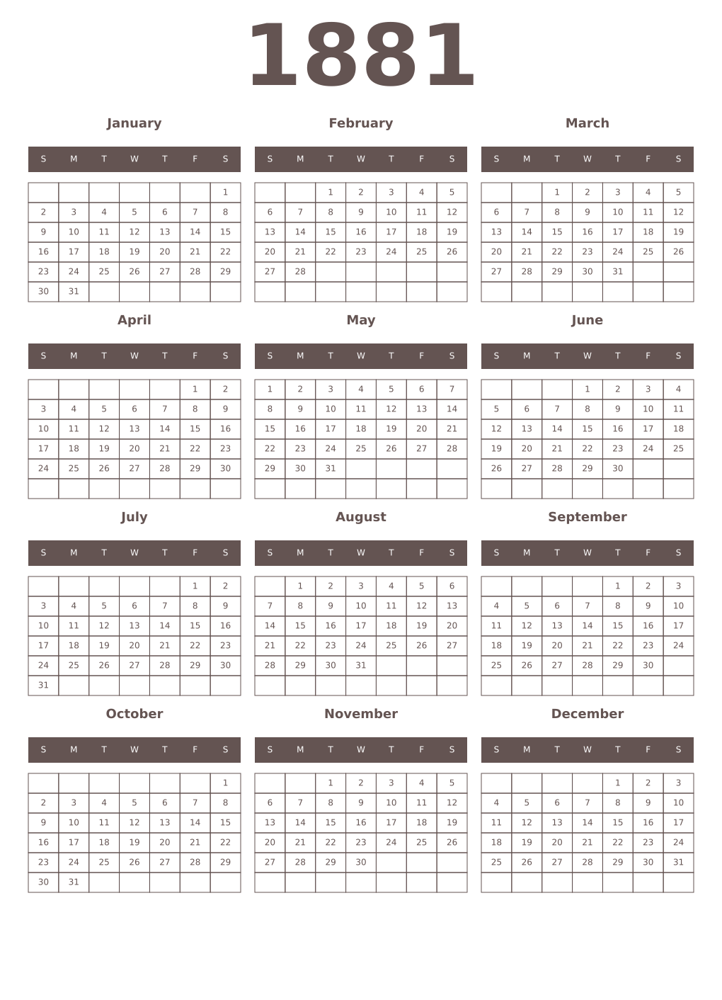 Printable 1881 Year Calendars wenge