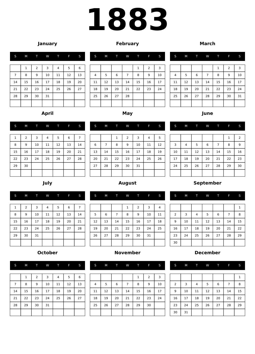 Printable 1883 Calendars