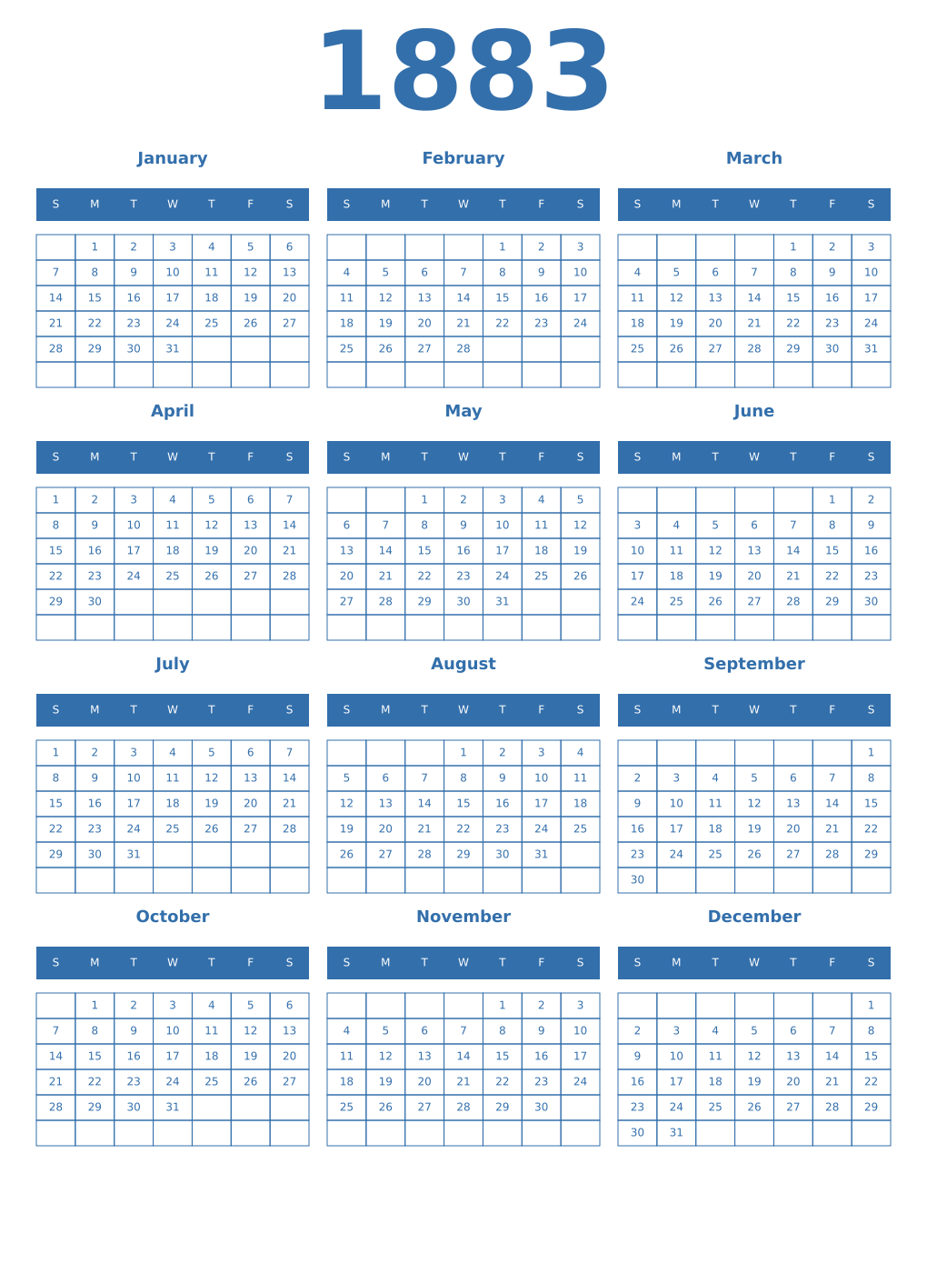 Printable 1883 Year Calendars blue