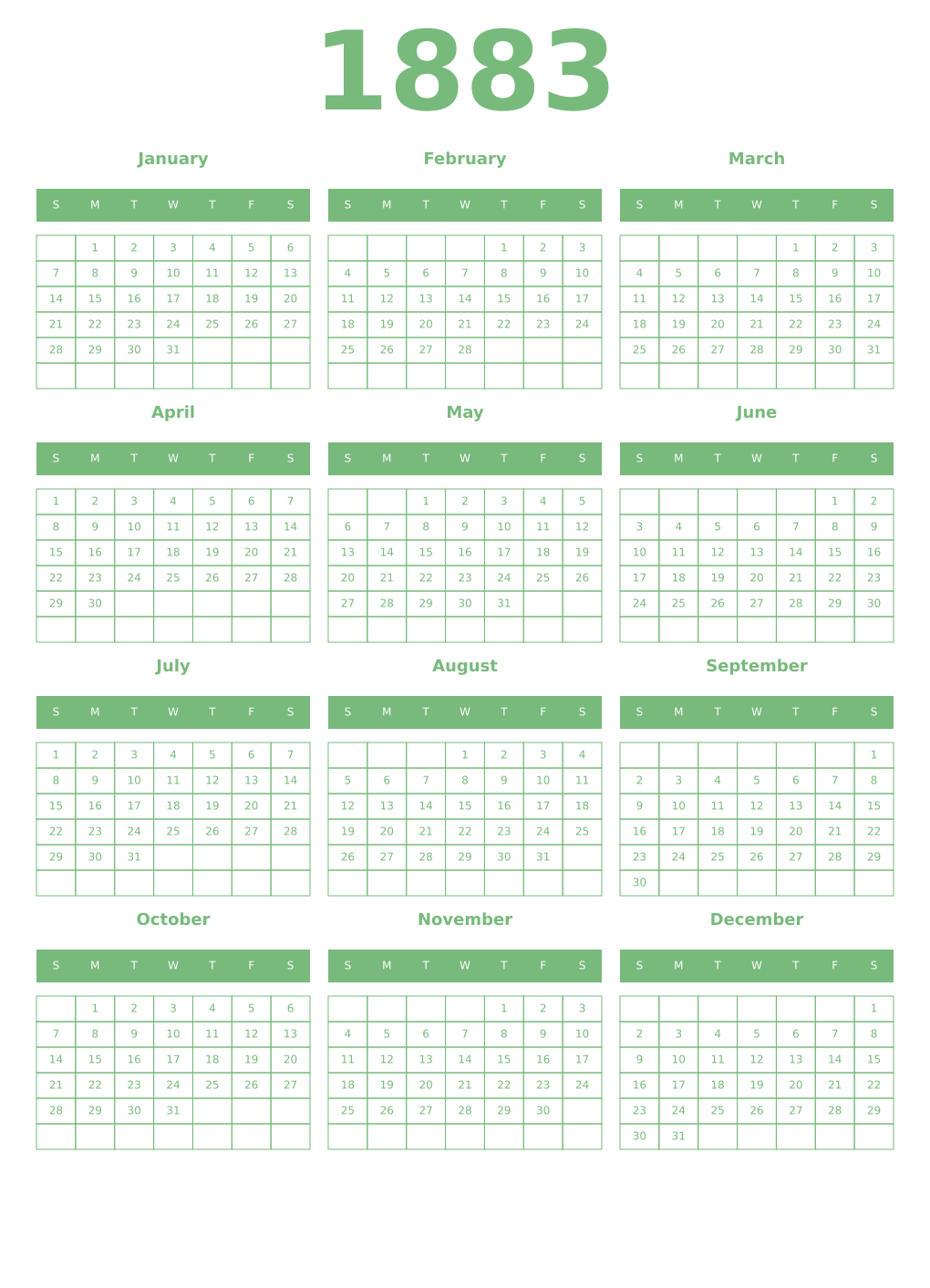 Printable 1883 Year Calendars celadon