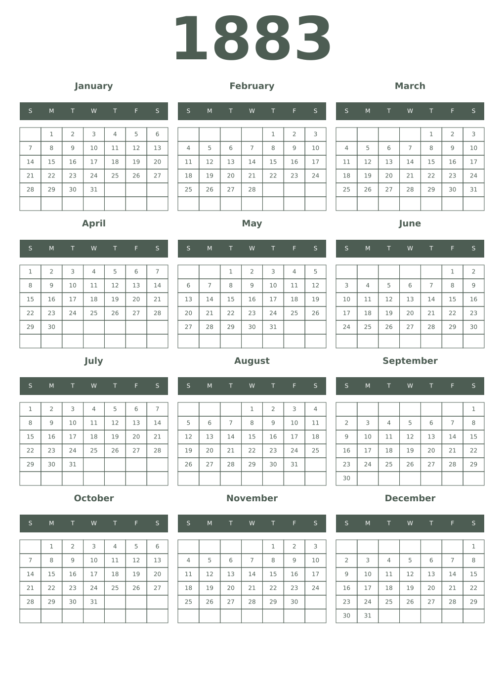 Printable 1883 Year Calendars feldgrau