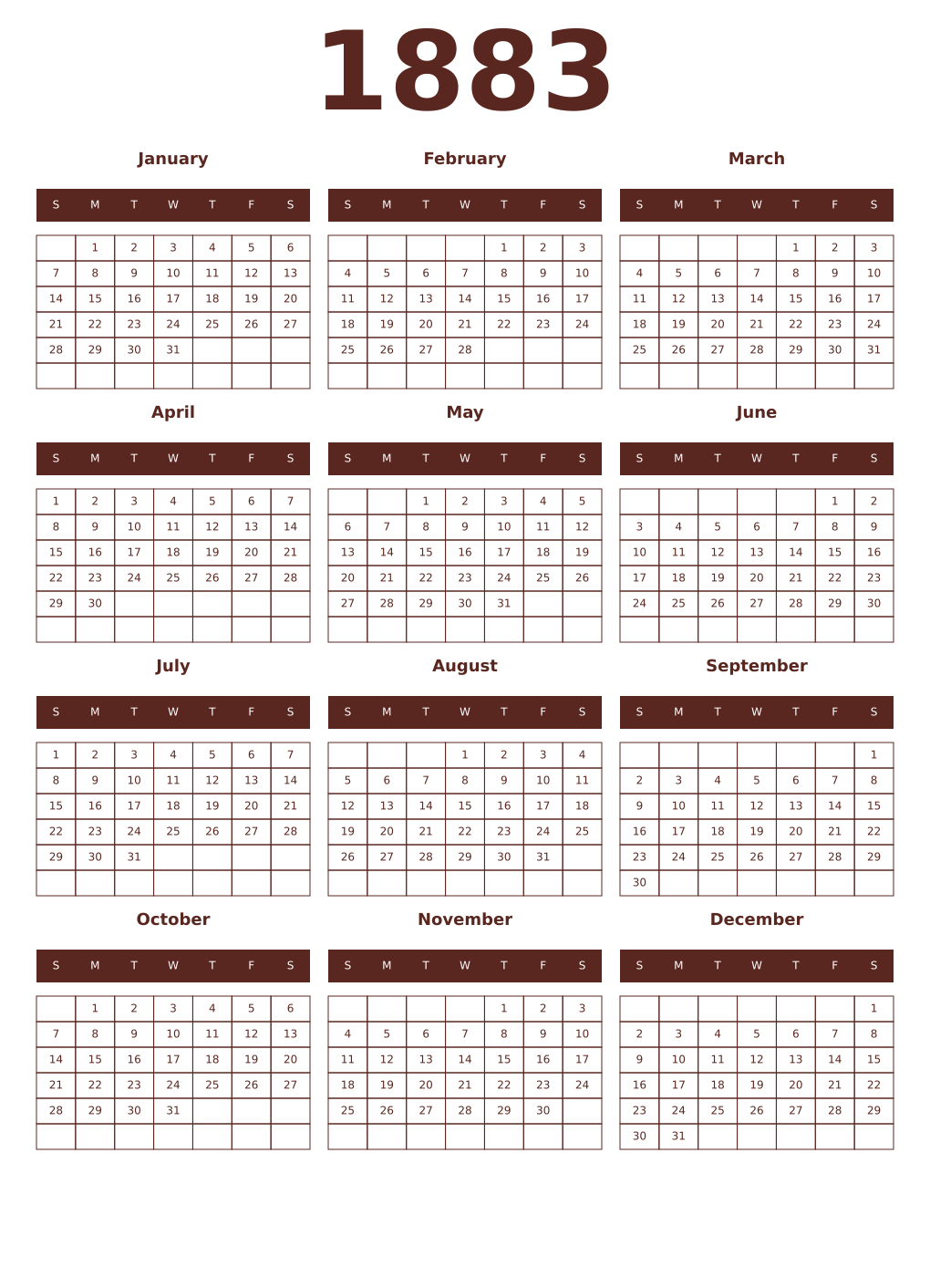 Printable 1883 Year Calendars mortuum