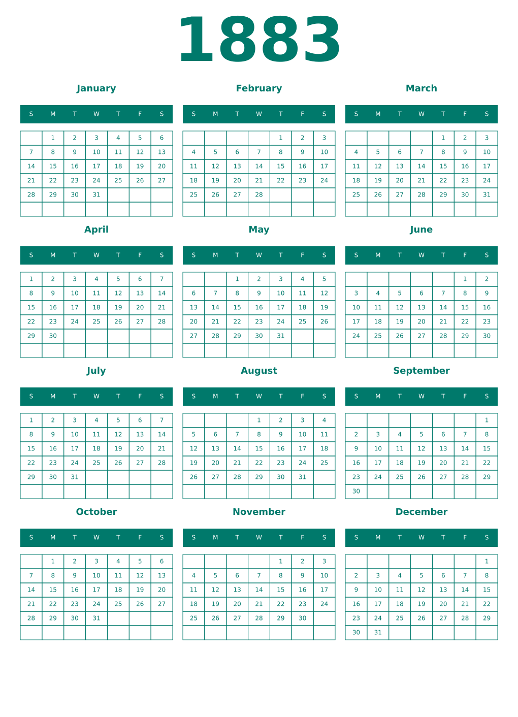 Printable 1883 Year Calendars pastel