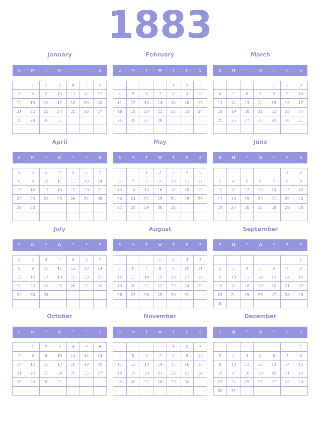 Printable 1883 Year Calendars periwinkle