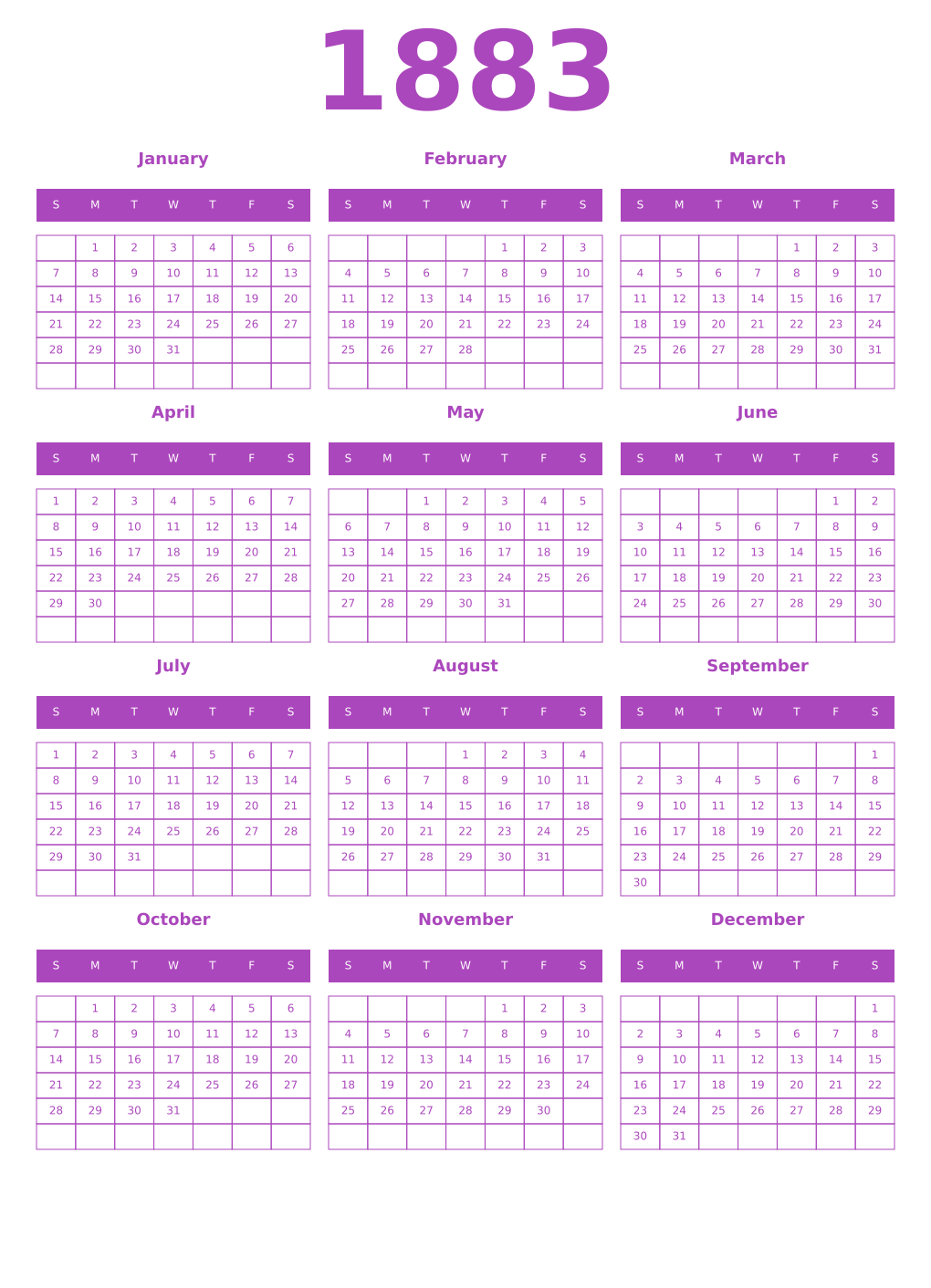 Printable 1883 Year Calendars purple