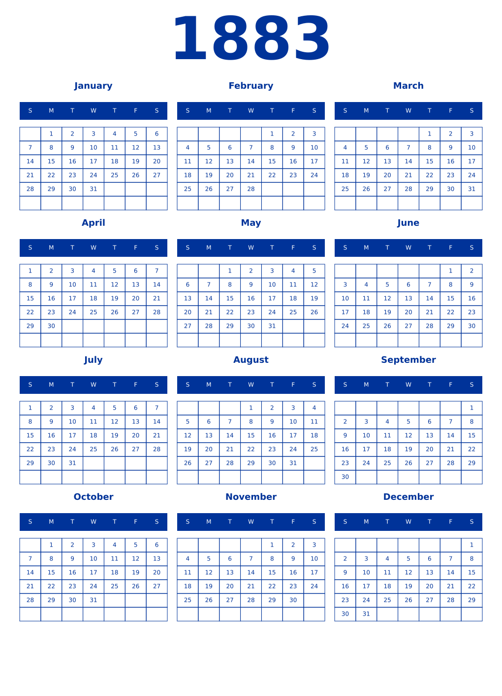 Printable 1883 Year Calendars smalt