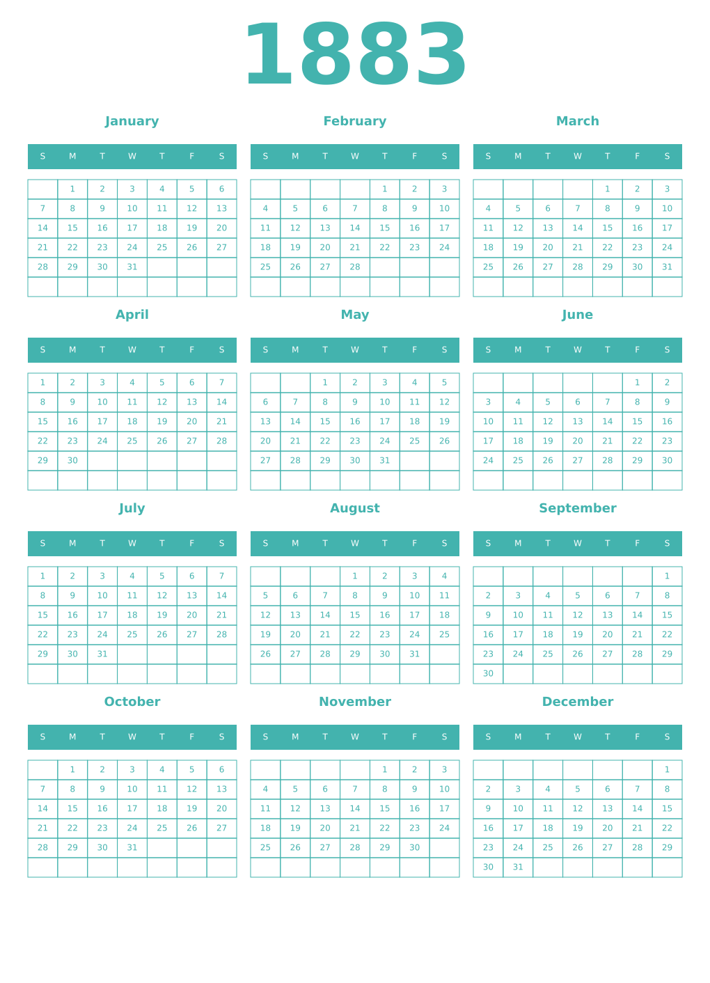 Printable 1883 Year Calendars verdigris