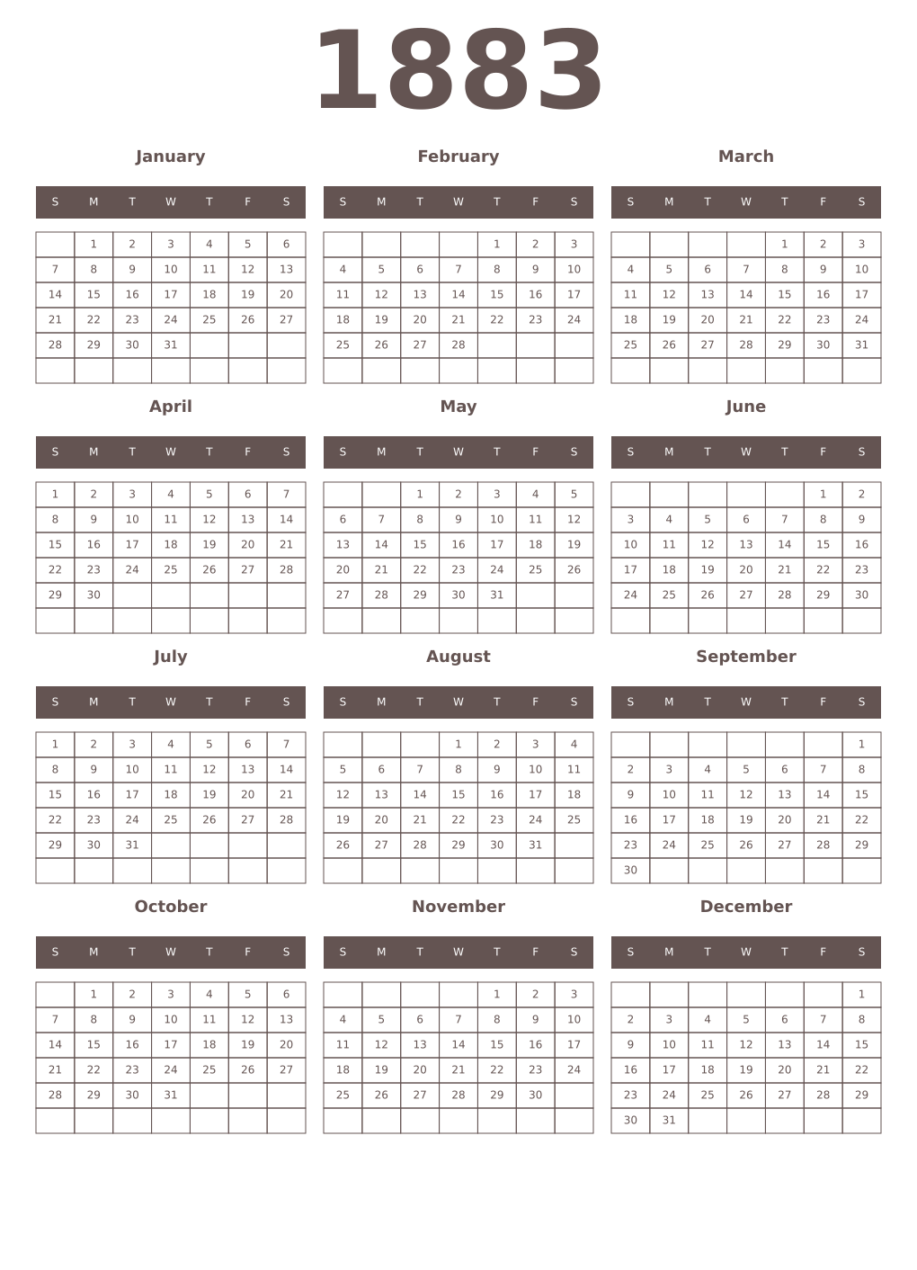 Printable 1883 Year Calendars wenge