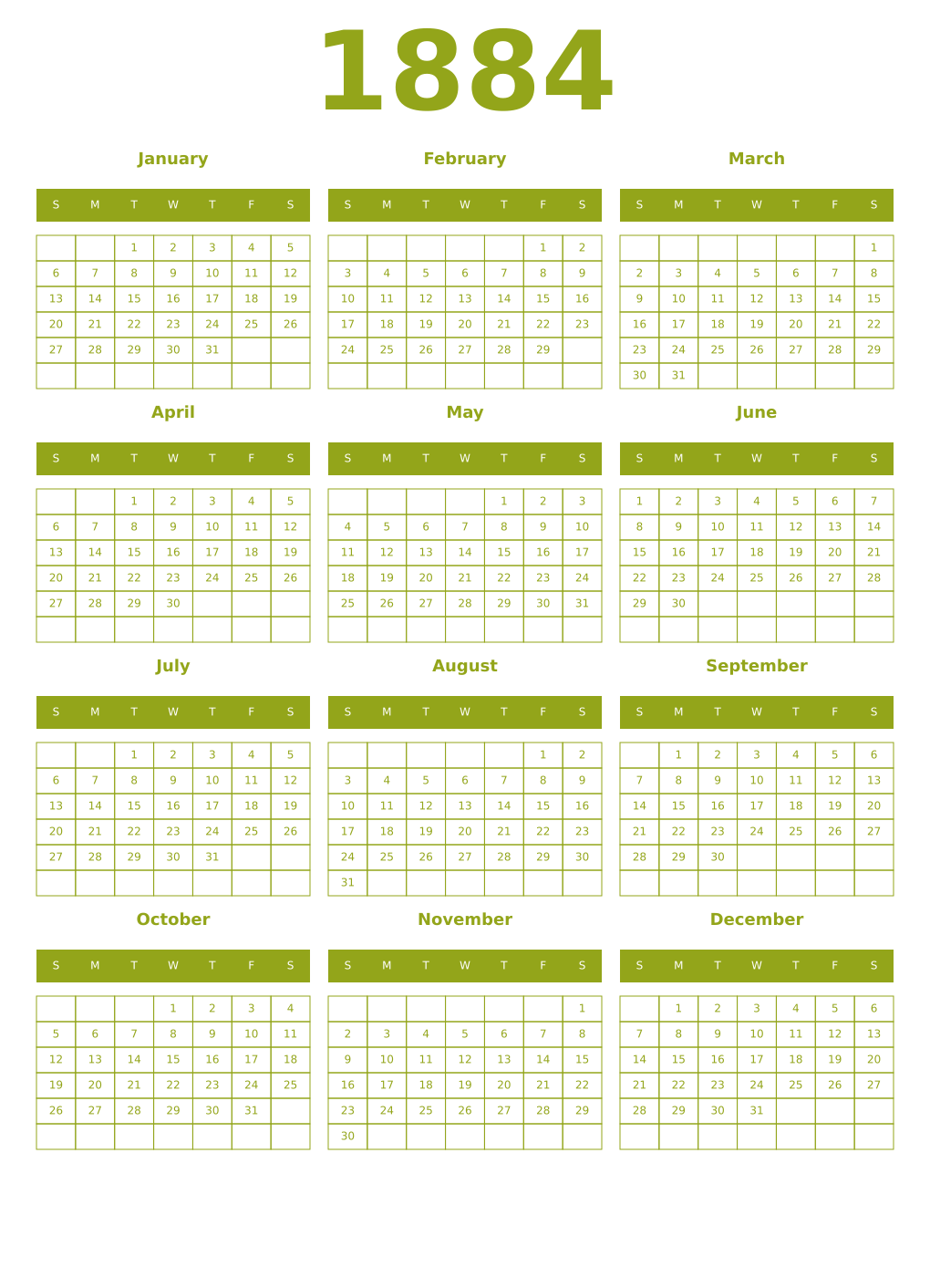 Printable 1884 Year Calendars chartreuse