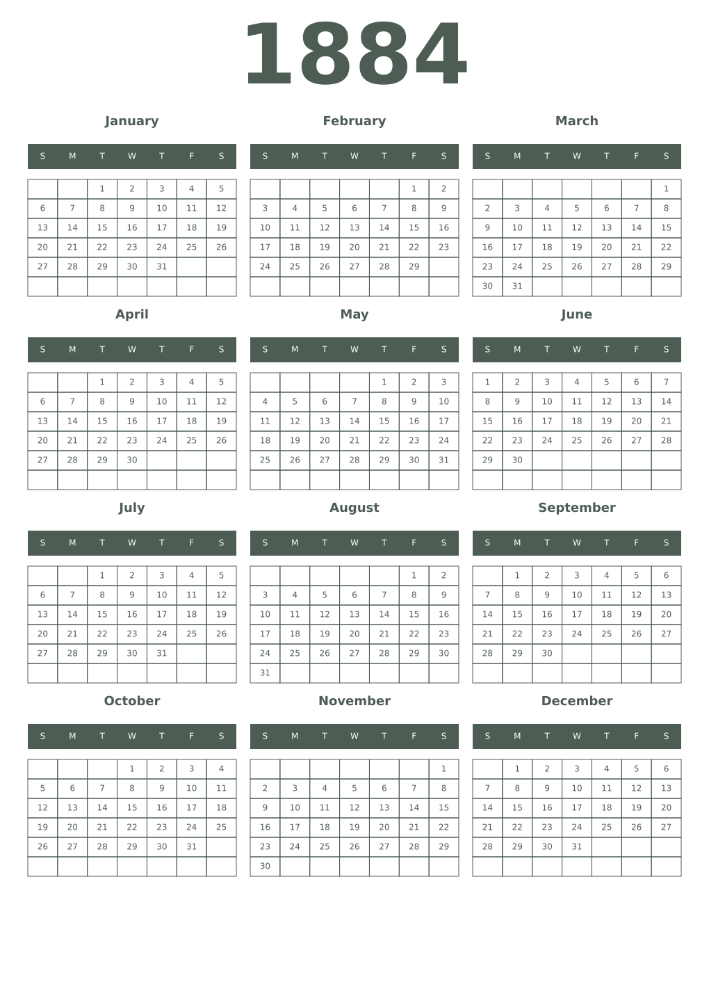 Printable 1884 Year Calendars feldgrau