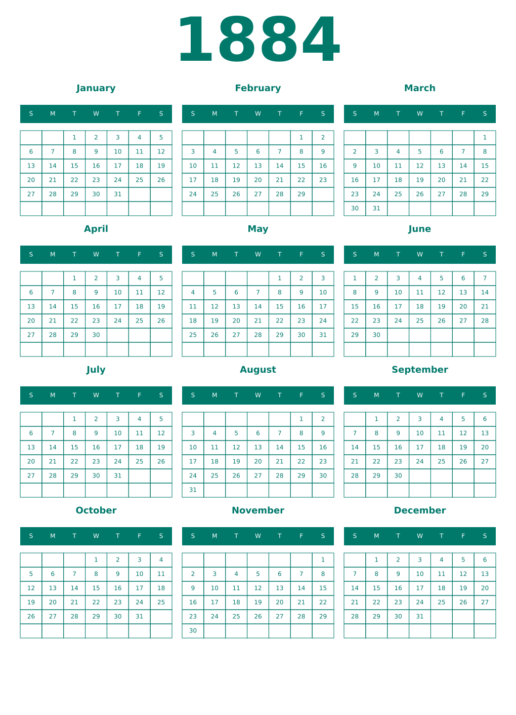 Printable 1884 Year Calendars pastel