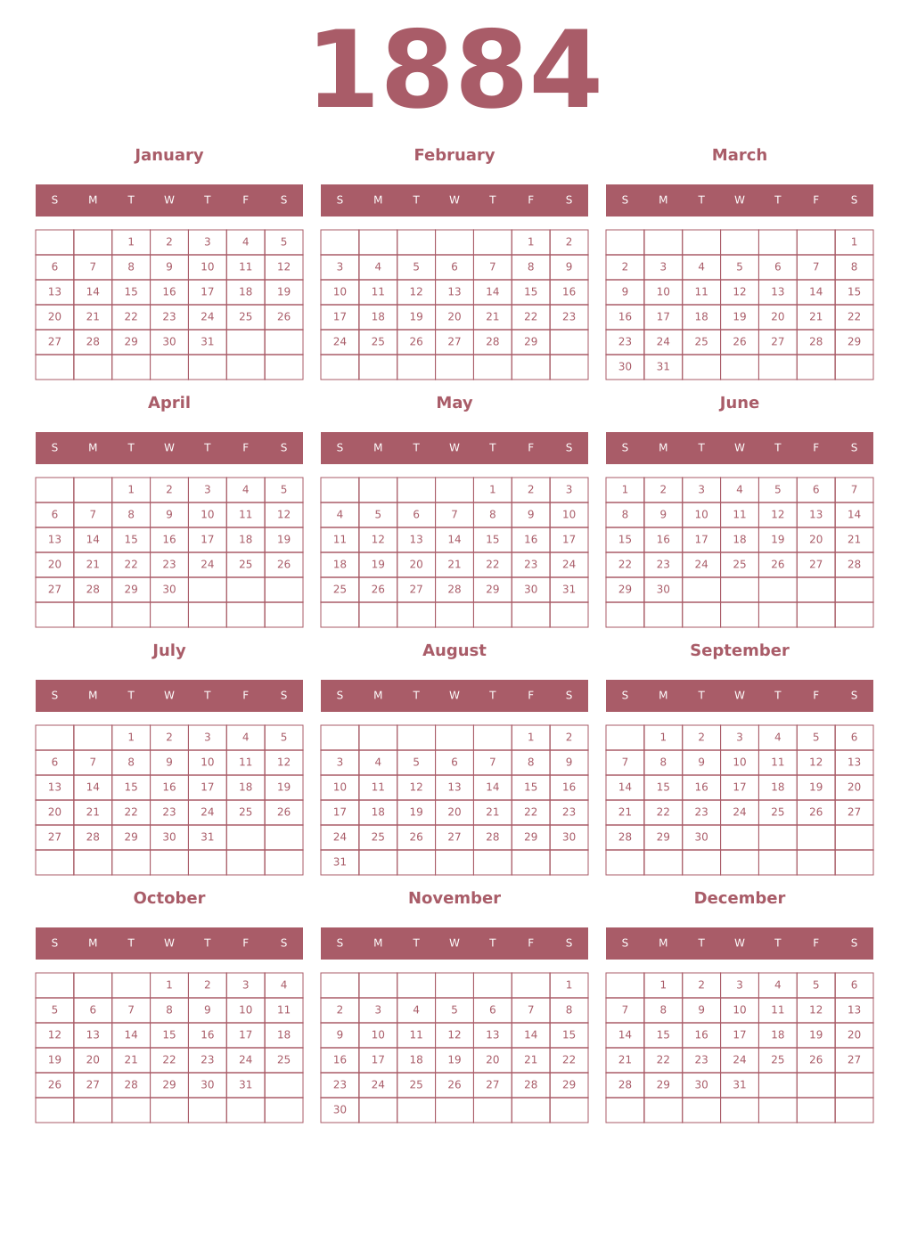 Printable 1884 Year Calendars puce
