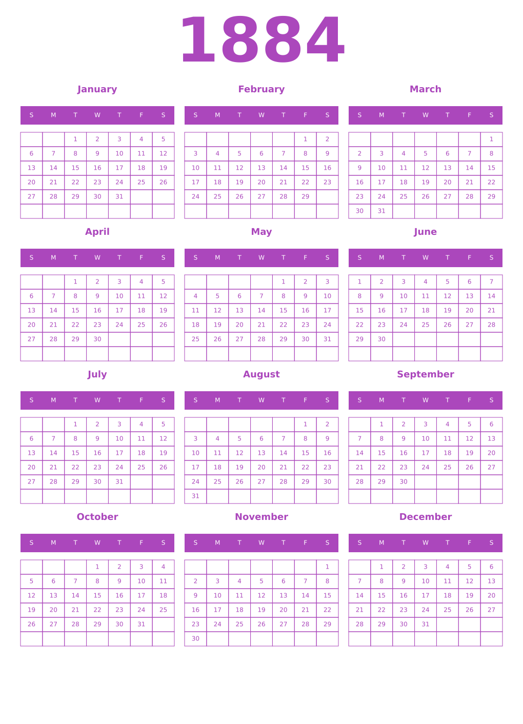 Printable 1884 Year Calendars purple