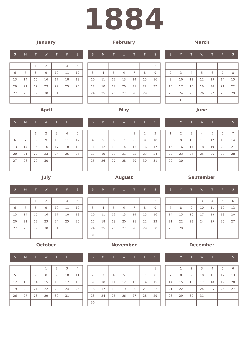Printable 1884 Year Calendars wenge