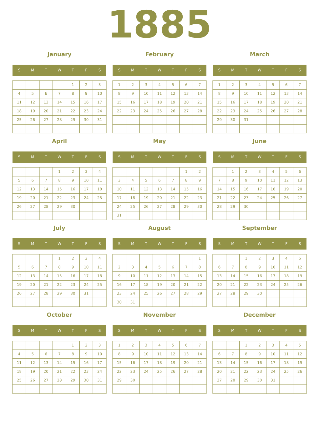 Printable 1885 Year Calendars eburnean