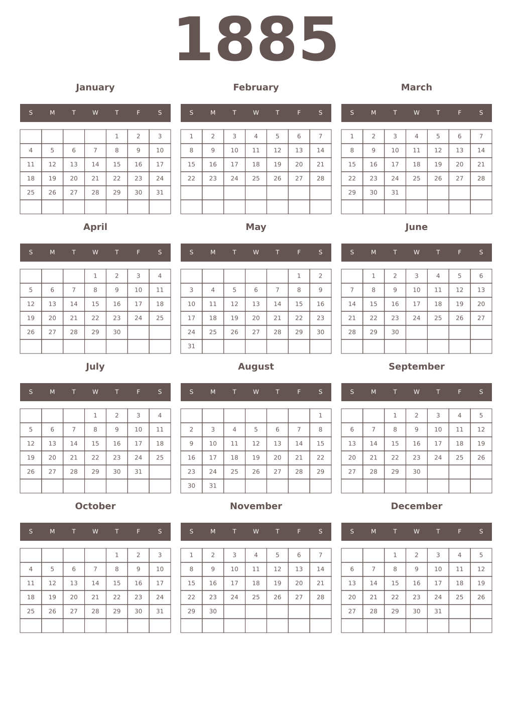 Printable 1885 Year Calendars wenge