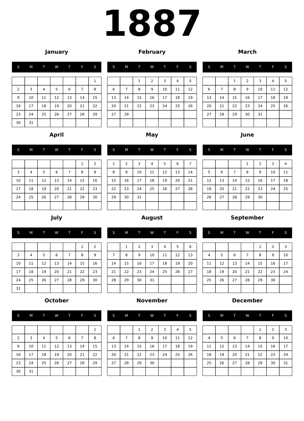 Printable 1887 Calendars