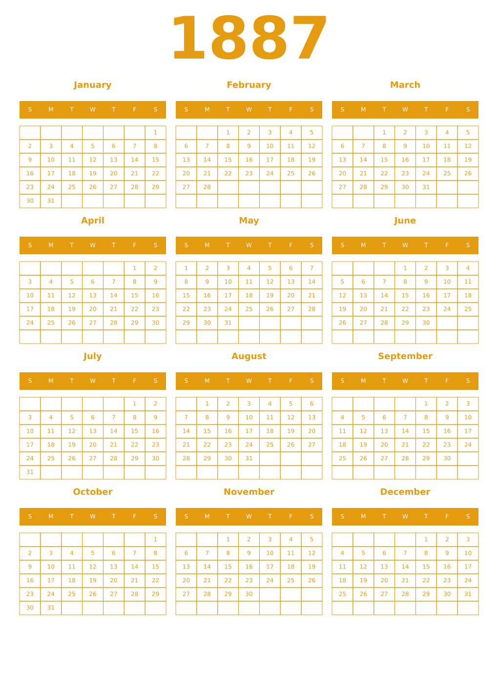 Printable 1887 Year Calendars gamboge
