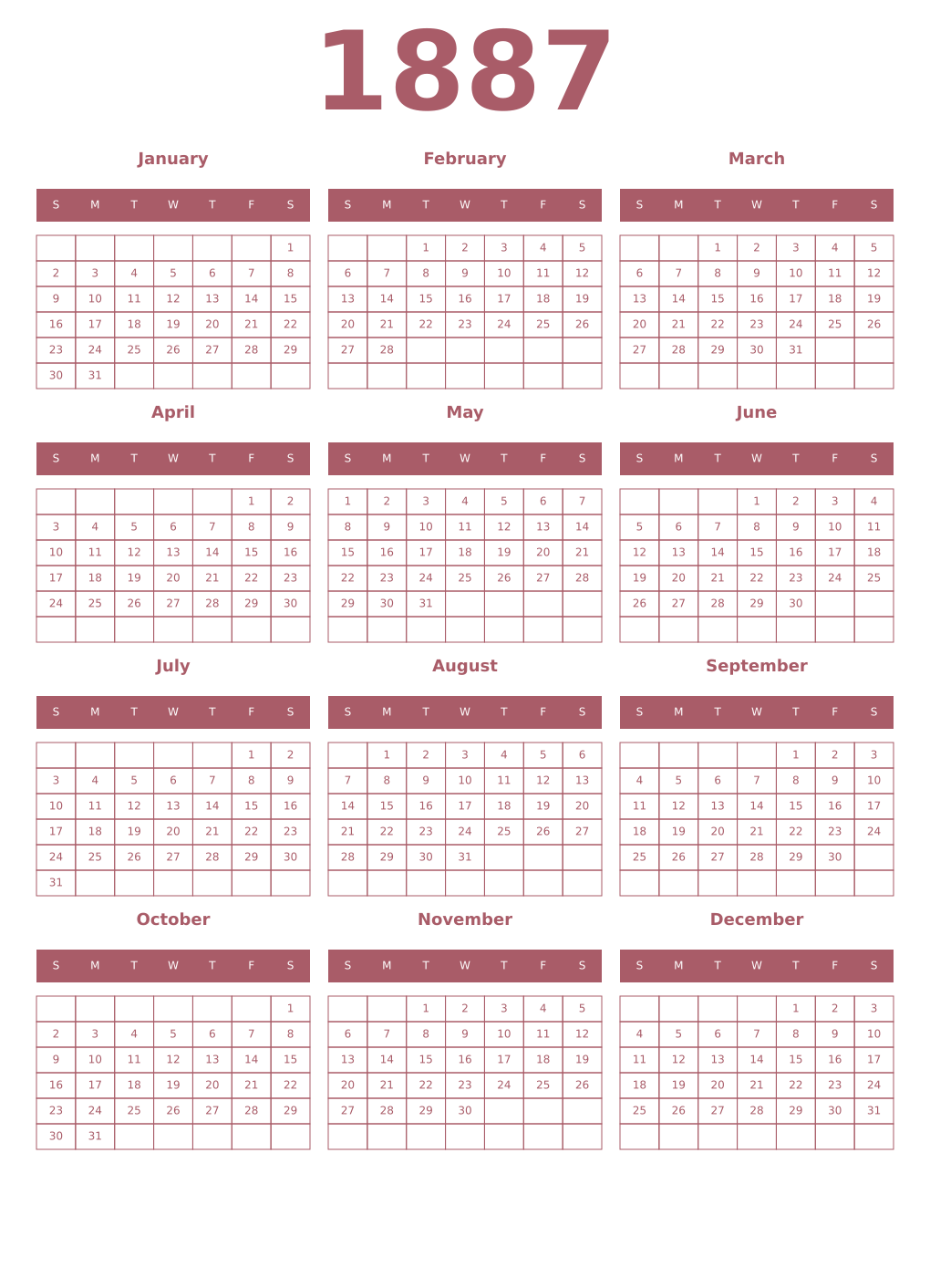 Printable 1887 Year Calendars puce
