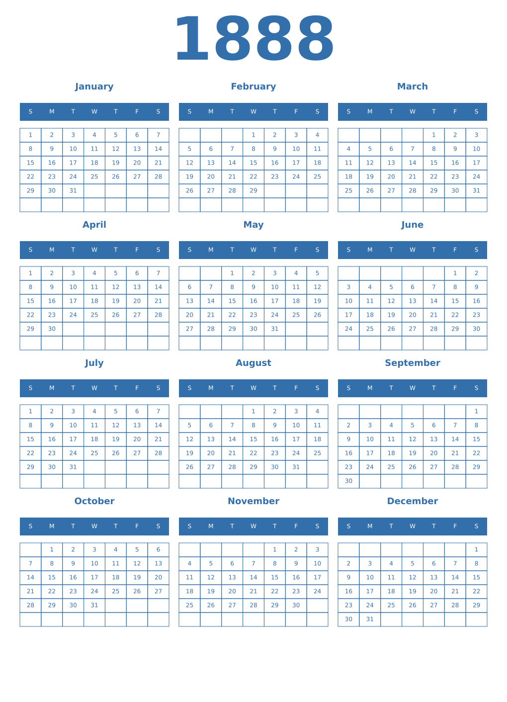 Printable 1888 Year Calendars blue