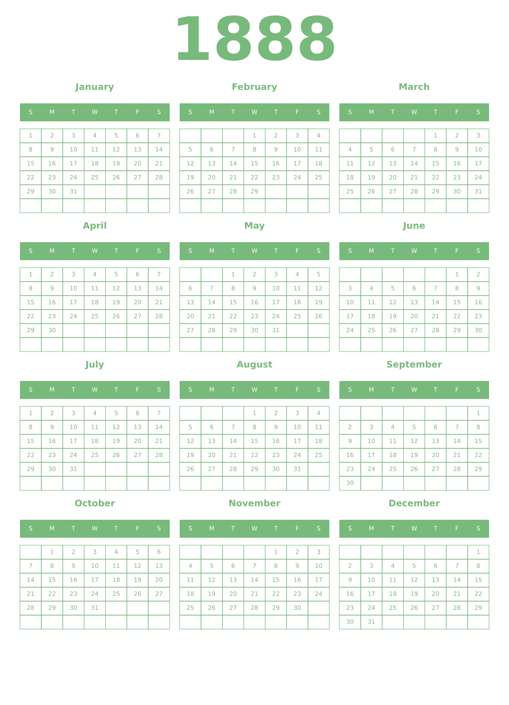 Printable 1888 Year Calendars celadon