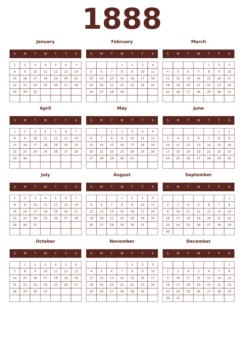 Printable 1888 Year Calendars mortuum